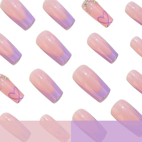 YEFIUO MQ05 Medium Square Press On Nails with Heart Rhinestones – Purple French Design 24Pcs