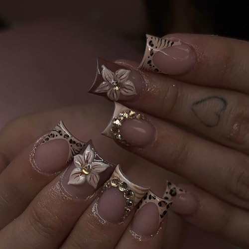 Valentine Heart Nails Press On Nails 24Pcs Short Almond French Tip with Floral, Leopard, 3D Gold Rhinestones - WULIUFLY Heart Nails