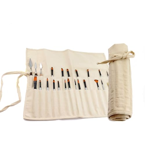 Liquidraw 30-Pocket Canvas Paint Brush Holder Roll-Up Organizer - Natural, 21x18in