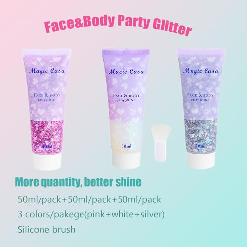 SeleneTenderaes Three-Color Body Glitter Gel 150ml White Pink Silver (Self-Adhesive) For Face Hair Nails