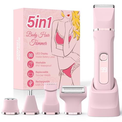 Bikini Trimmer for Women,5-in-1 Electric Razors for Women,Electric Shaver for Women's,IPX7 Waterproof Trimmer for Men Legs,with 5 Replaceable Blade Heads,USB Recharge Dock£¨Pink£©
