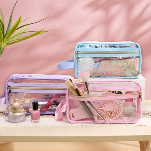 Pinkunn 3-Pack Clear Makeup Bags - TSA Approved Toiletry Bags (Blue, Purple, Pink)