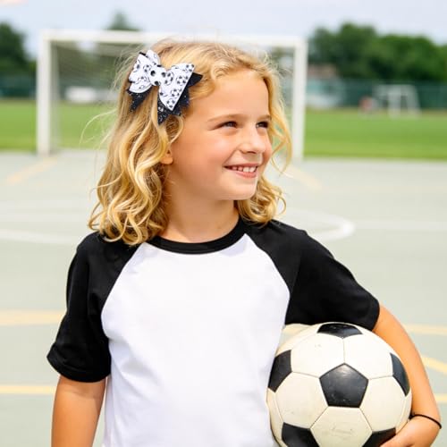 Soccer Cheer Bow Hair Clip for Women Girls Mom - Glitter Black & White Sporty Hair Accessory - Variation of Soccer Bow