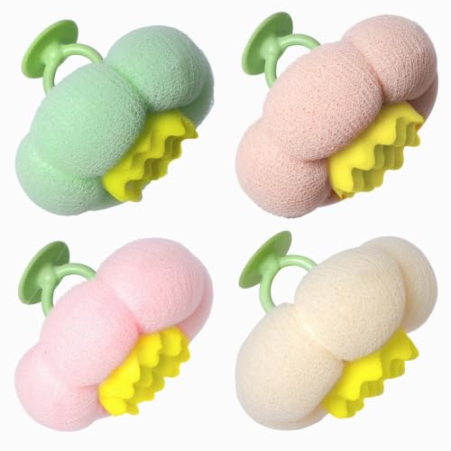Sycrotoy 4-Pack Sunflower Bath Sponges, Exfoliating Shower Pouf with Suction