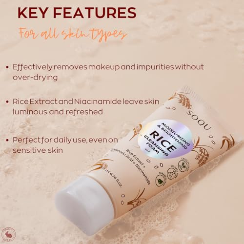 SOQU Rice Foam Cleanser with Niacinamide & Hyaluronic Acid – Hydrating Korean Face Wash 200ml