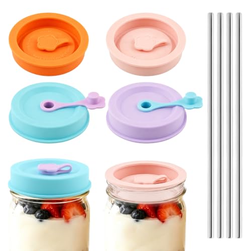 Silicone Mason Jar Lids with Stainless Steel Straws - 4 Pack