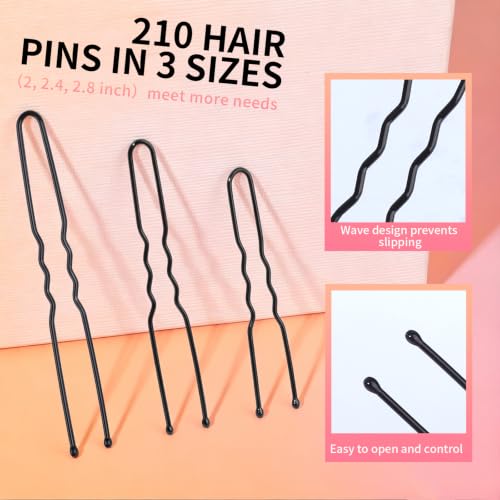 Teenitor 210 Black Hair Pins 3 Sizes U-Shaped Bobby Pins for Buns (2, 2.4, 2.8) — Clear Storage Box