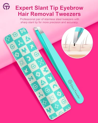 GlamTweeler Professional Slant Tip Eyebrow Tweezers with Leather Case