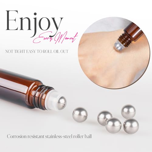 10ml Amber Roller Bottles for Essential Oils - 4 Pack with Stainless Steel Balls