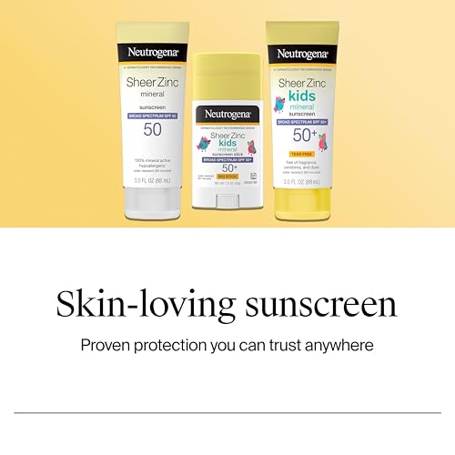 Neutrogena Sheer Zinc Oxide Kids Mineral Sunscreen Stick, SPF 50 Plus UVA/UVB Broad Spectrum Protection, Water-Resistant Sunscreen Stick, Gentle on Sensitive Skin, Dermatologist Recommended, 1.5 oz