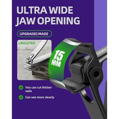 Ultra Wide Jaw Opening Nail Clippers Set, Toenail Clippers for Thick Nails, Heavy Duty Nail Cutter, Stainless Steel Toe Nail Clippers for Seniors, Men & Women Manicure,Pedicure,Big(Black)