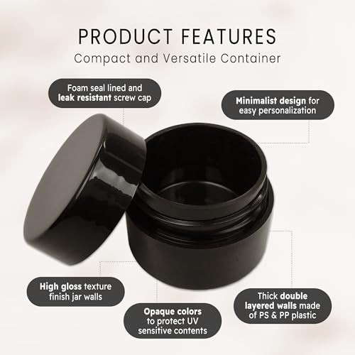 Beauticom 36 Black Plastic Jars with Foam Lined Lid - 7g/7ml