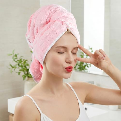 REDKISS 3-Pack Microfiber Hair Towels - Quick Dry, Soft & Anti-Static, Bubbles Colors (Pink, Blue, Grey)