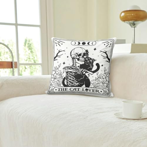 Gothic Skull Black Cat Pillow Cover - 18x18" Polyester Case