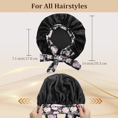 2Pcs Large Satin Sleep Bonnet with Adjustable Tie Bands - Black (Set of 2)