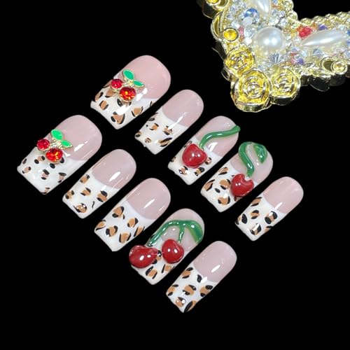 BByogooz Cherry Bouquet Handmade Press-On Nails with 3D Cherry Embellishments - S