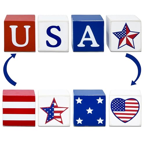 Patriotic USA Wooden Block Set - 4PCS Rustic 4th of July Decor