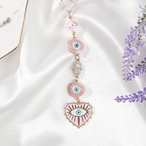 Handmade Pink Evil Eye Rearview Mirror Charm - Boho Car Decor