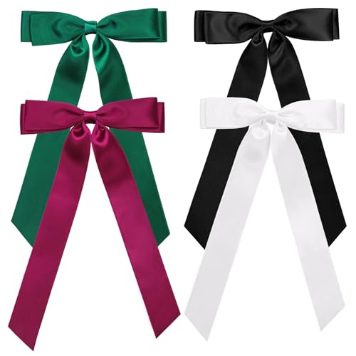 Feinigesi Satin Bow Hair Clips 4-Piece Set with Long Tails – Black White Teal Green Wine Red