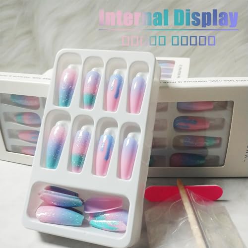 24Pcs Rainbow Gradient Coffin Nails - Sparkly Macaron Design