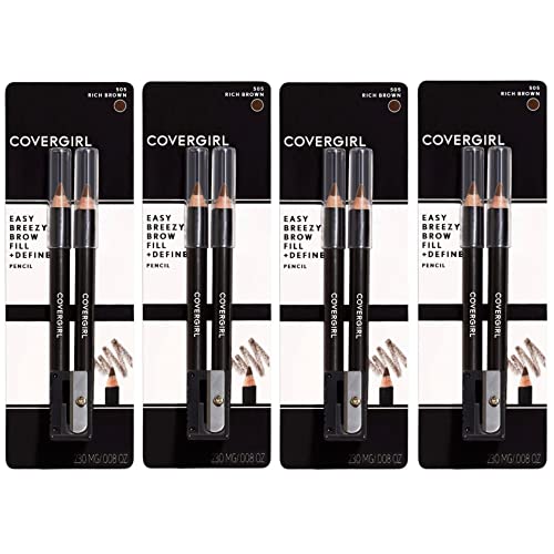 CoverGirl Easy Breezy Brow Fill+Define Pencils Rich Brown Pack of 4 - Water Resistant Eyebrow & Eye Makeup