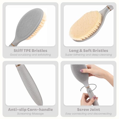 GEENOA Adjustable Back Scrubber Gray-Long Handle Anti-Slip Shower Brush