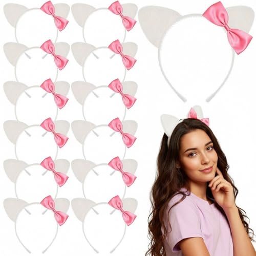 Pink Kitty Cat Ears Headbands Set - 12 pcs for Girls & Parties, Bow & Plush Design