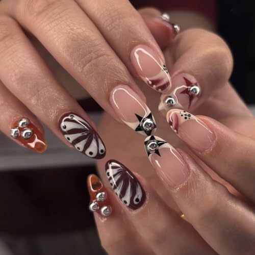 French Tip Press-On Nails Almond Medium 24Pcs – Y2K 3D Design Glam Kit