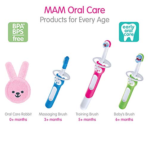 MAM Baby Training Toothbrush with Safety Shield & Character Brushy The Bear – Pink, Pack of 2, 5+ Months