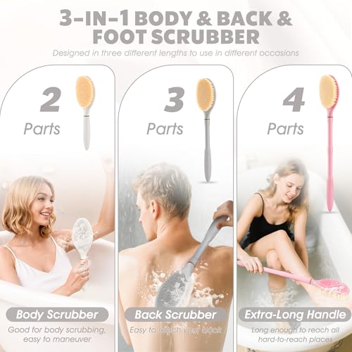 GEENOA Adjustable Back Scrubber Gray-Long Handle Anti-Slip Shower Brush