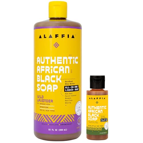 Alaffia Authentic African Black Soap, 32oz Lavender & Travel Eucalyptus Set