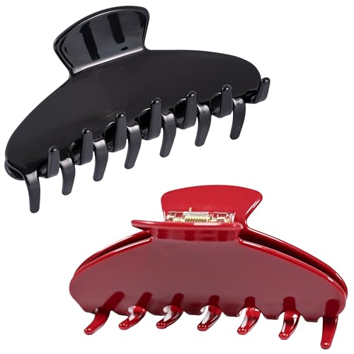 Fiwnpow 2PCS Acetate Hair Claw Clip Set - 4 Inch Cherry Red & Black