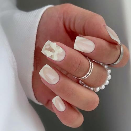VOTACOS Milky Yellow French Tip Press On Nails Short Square with Bow Design 24PCS