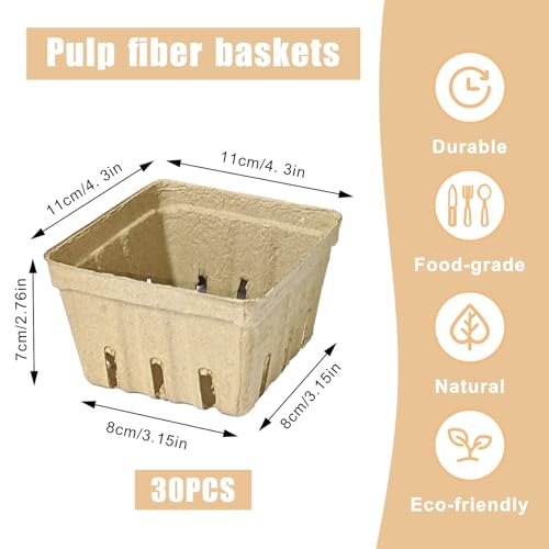 30 Pcs Small Vented Berry Baskets - Natural Pulp Fiber Containers