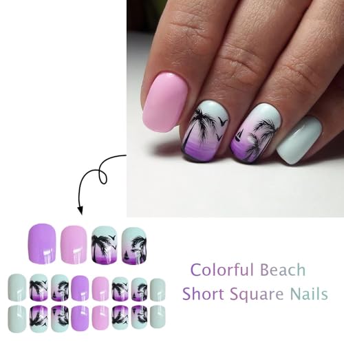 Sevgob Pattern W8 Summer Press On Nails Short Square Tropical Beach Sunset Design Glossy Ombre Blue Purple Reusable Fake Nails
