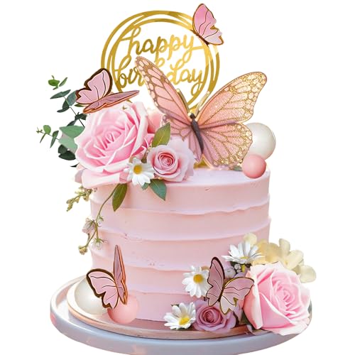 Pink Flower and Butterfly Cake Toppers for Birthday Decor