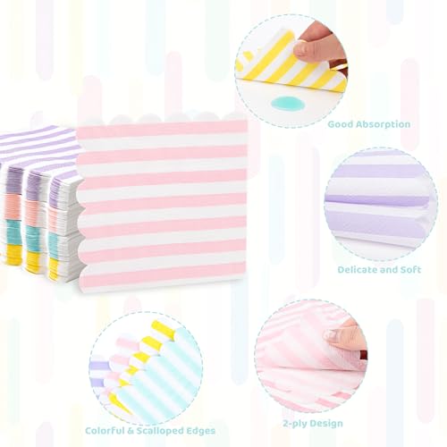 100 Pastel Striped Disposable Cocktail Napkins - 5x5 Inches Scalloped Design for Parties