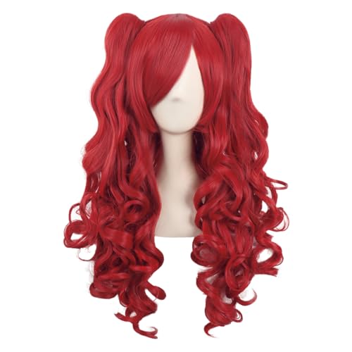 MapofBeauty Red Lolita Long Curly Cosplay Wig with Detachable Ponytails