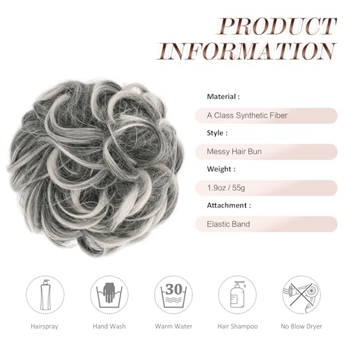 FESHFEN Large Messy Bun Hair Piece - Wavy Synthetic Chignon Scrunchies Elastic Ponytail Hair Extensions Thick Hairpieces for Women, Black Gray and White Tips 1.94oz