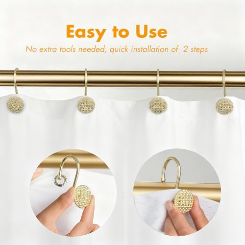 Pearlbee Gold Shower Curtain Hooks - 12 Heavy Duty Rustproof Zinc Alloy