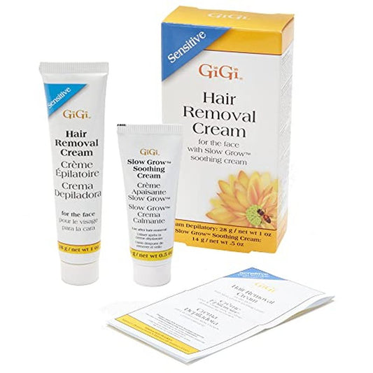 Gigi Hair Removal Cream, for the Face - 1 Oz, and Slow Grow Soothing Cream - 0.5 Oz, Hair Removal Kit for Sensitive Skin, 1-Pack