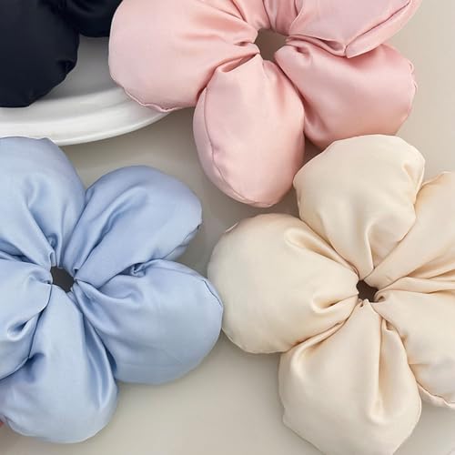 3-Pack Large Flower Satin Hair Scrunchies for Women - Soft Silk Hair Ties in Blue, Pink, Beige