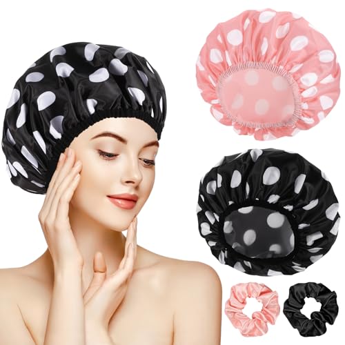 Large Waterproof Shower Cap Set for Women - 2 Packs with Hair Scrunchies