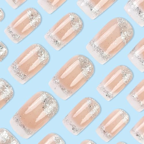 24pcs French Tip Press On Nails with Glitter - Medium Length