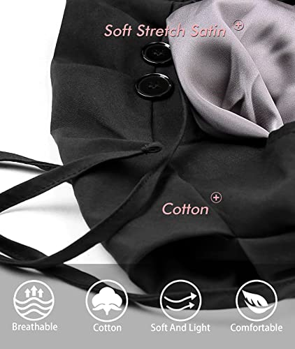 Black Satin Lined Work Cap with Button for Long Hair Women
