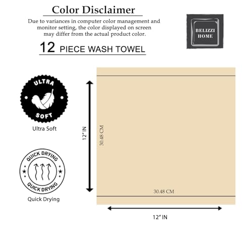 Belizzi Home 12-Piece Ultra Soft 100% Cotton Washcloth Set, 12x12 Inch