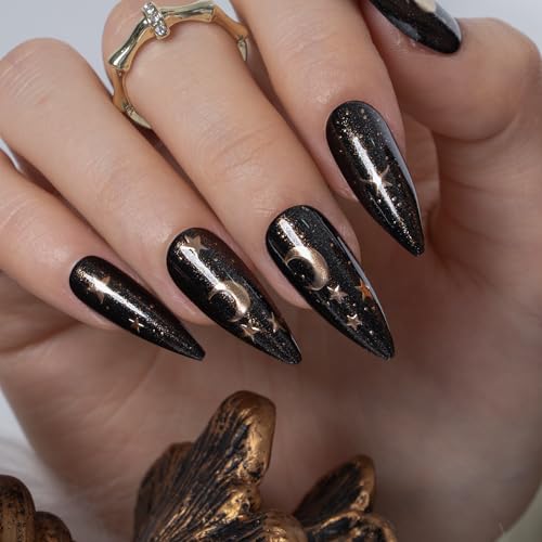 CurvLife Long Almond Press On Nails - Lunar Charm Black Soft Gel Kit