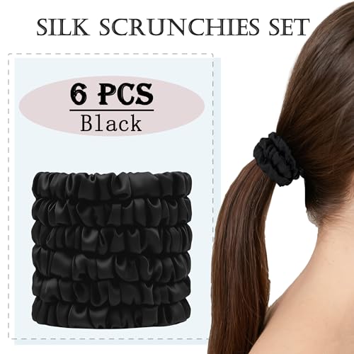 Feivea Black 6 Pack 22 Momme 100% Mulberry Silk Hair Ties Scrunchies Women