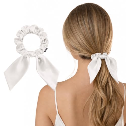 THXSILK White 25 Momme Pure Mulberry Silk Hair Scrunchies with Bow for Women & Girls