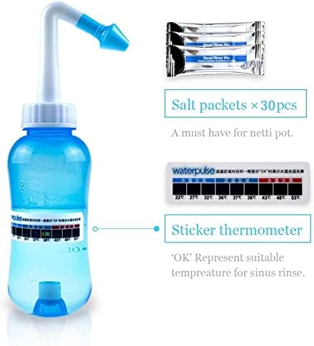 Neti Pot for Sinus Rinsing - Nasal Wash Bottle with Thermometer & 30 Salt Packets | 300ml, Blue